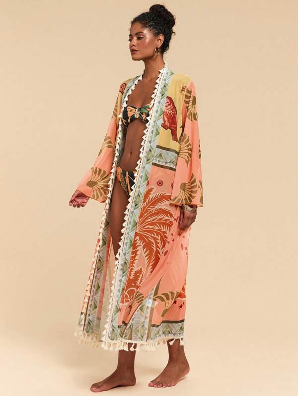Travachic Women's All-Over Print Tassel Decor Casual Vacation Long Sleeve Coverup,Summer Outfits For Women,Rave Outfits Festival,Beach Outfits For Woman,Floral,Sheer, Holiday Clothes,Holiday Outfits,Beach Outfits For Woman,Vacation Outfits Woman,Sarong
