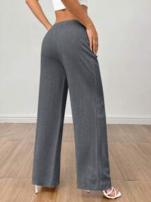 SHEIN PETITE Linne för kvinnor med hög midja sommarbyxor - Grå - Visa 2