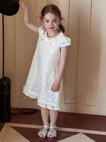 DAZY Girls (Small) Round Neck Lace Textured Short Sleeve Elegant Summer Dress