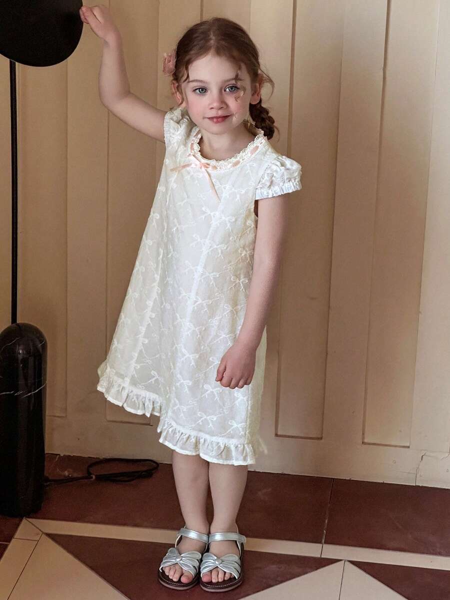 DAZY Girls (Small) Round Neck Lace Textured Short Sleeve Elegant Summer Dress