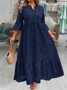 SHEIN LUNE 加大码连衣裙情人节红色连衣裙女士长裙夏季连衣裙夏季波西米亚风复古纯棉 - 藏蓝色 - 查看 5