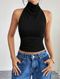 Women's Solid Color Minimalist Sleeveless Tank Top, Suitable For Summer