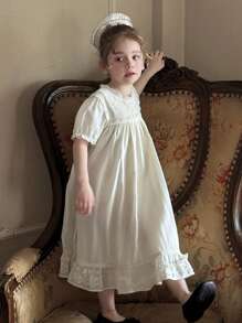 DAZY Young Girl Heavy Lace Patchwork Short Puff Sleeve Solid Color Dress,Girls Summer Outfits - Apricot - View 1