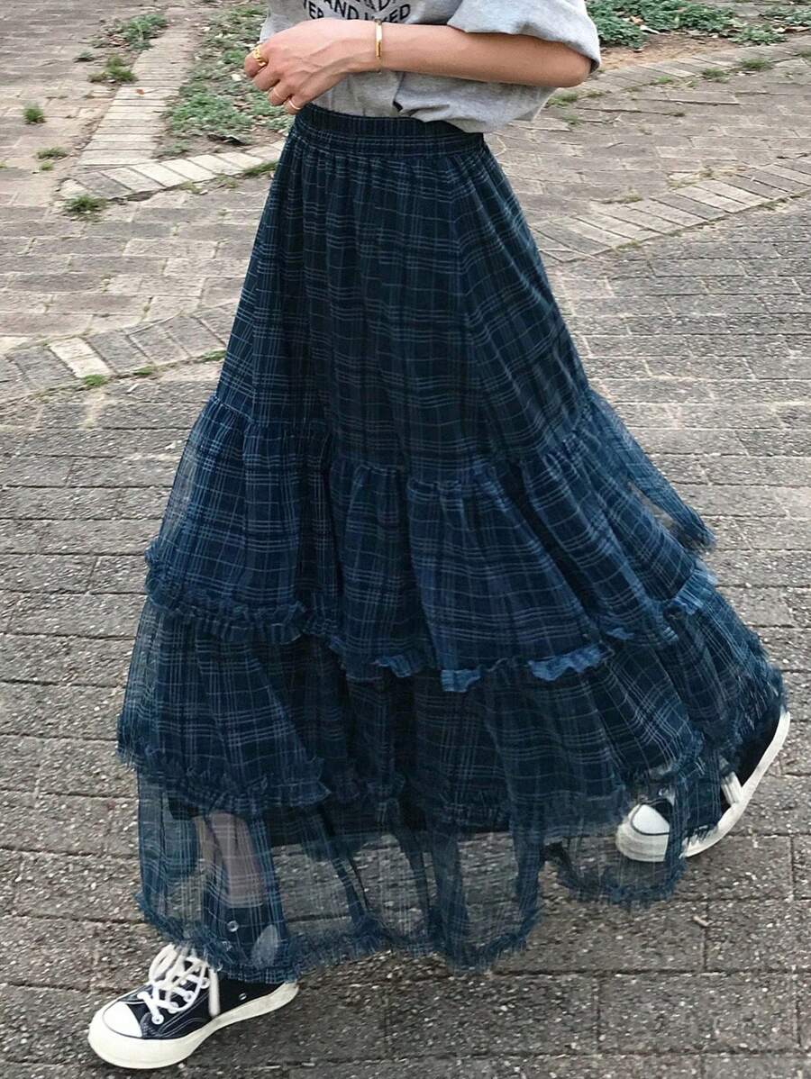 FRIFUL 女士蓝色格子薄纱高腰半身裙，甜美风格，适合娇小身材，春夏款 - 綠色 - 查看 1