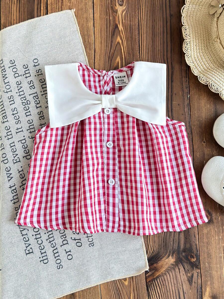 SHEIN Vintaside Kids Toddler Girls' Navy Collar Bowknot Princess Sleeveless Shirt, Spring/Summer Fashion - Hot Pink - View 1