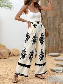 Breezaya 女式休闲波西米亚风高腰阔腿印花裤 - 杏色 - 查看 5