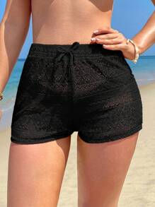 SHEIN 少女纯色提花波浪下摆镂空休闲短裤