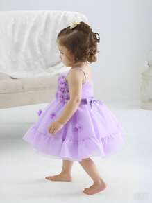 Vestido de princesa sin mangas con capas de malla floral elegante púrpura con moño en la espalda para bebé niña, conjunto adorable para boda, fiesta, cumpleaños y aniversario de bebé niña - Morado - Ver 3