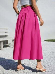 SHEIN Essnce Summer Women Clothes Casual A-Line Linen Midi Skirt For Summer Fits Beach High Waist Baggy - Hot Pink - View 2