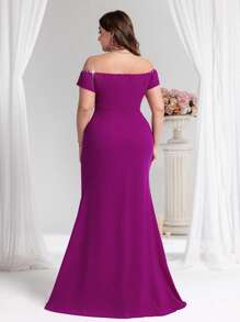 Coutiva Plus Size Women's Off Shoulder Pearl Accent Fitted Mermaid Formal Evening Dress, Party Dress, Gown, For Wedding Guest - Hot Pink - View 2