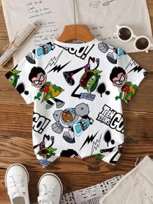Teen Titans Go X SHEIN 小男孩圆领短袖夏季休闲涂鸦卡通印花T恤 - 白色 - 查看 2