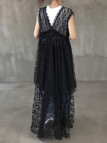 FRIFUL Women Mesh Lace Frill Edge Cami Layer Long Solid Color Casual Dress, Summer Streetwear