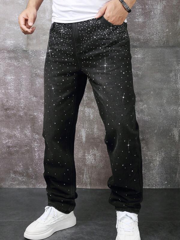 Manfinity AFTRDRK Pantalones rectos con rhinestones para hombres, simples y elegantes, adecuados para el verano