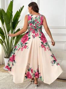 Flirla 大码女式花卉印花 V 领荷叶边袖短款连衣裙，配围巾下摆，优雅度假婚礼伴娘礼服 - 彩色 - 查看 2