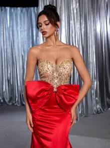 Glamrae Elegant Luxury Beaded Sequin Sexy Strapless Butterfly Decor Mermaid Dress With Trailing Train, Suitable For Wedding, Party, Prom, Evening Gown (Heavy-Duty Design)