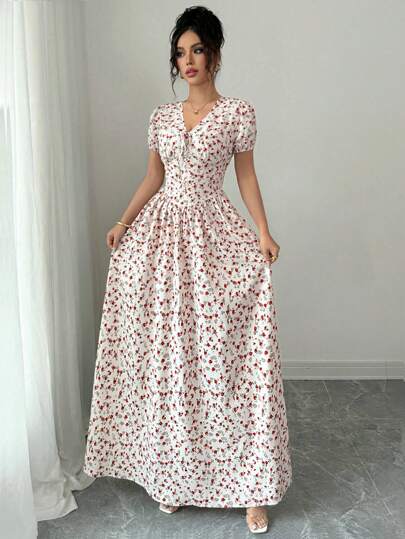  Elenzga 优雅女装夏季优雅松紧腰泡泡袖女士长裙、长裙。适合春夏季、演唱会女装，优雅适合日常通勤、音乐节、节日穿着/垂坠/乡村花卉/田园风格米色碎花 03/田园风/碎花