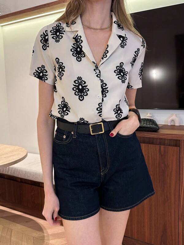 Pariaura Women's All-Over Print Front Button Casual Short Sleeve Shirt