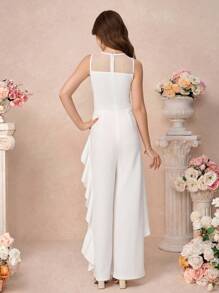 SHEIN Pitira Teen Girl White Solid Color Stitching Lace Backless See-Through Elegant Sweet Ruffle Jumpsuit, Elegant Luster, Suitable For Summer, Parties, Birthday Parties, Career Parties And Bridesmaid Parties