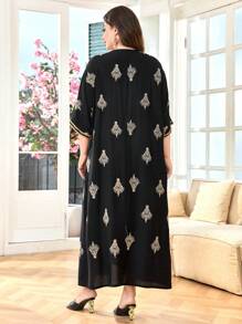Lacomfia Váy dài tay thêu cổ chữ V dáng rộng phong cách Ả Rập thông thường cho phụ nữ ngoại cỡ, mùa xuân/hè - màu đen - Xem 2