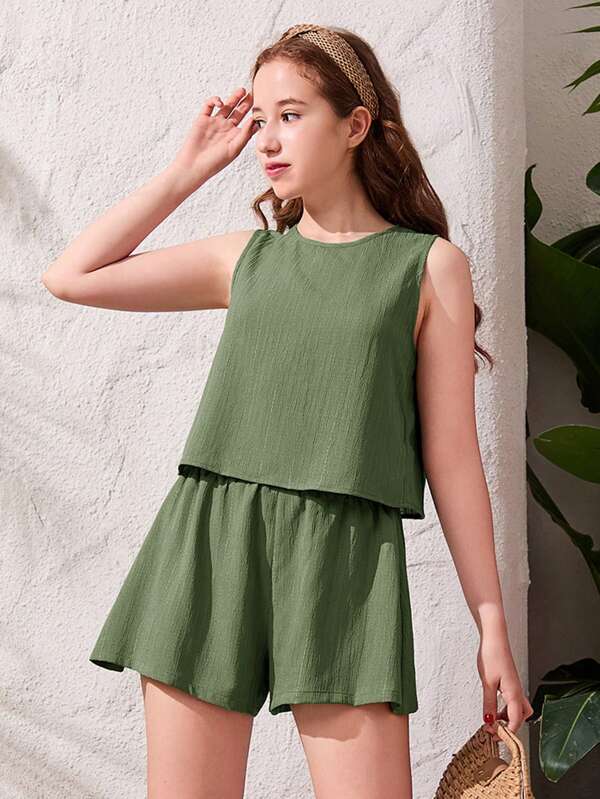 SHEIN Conjunto informal de 2 piezas para adolescentes, de unicolor, con tela de textura tejida y sin mangas, para primavera/verano