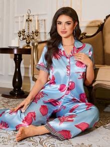 SHEIN Ocean Elements Print Faux Silk Women's Cardigan Pajama Set - Baby Blue - View 3