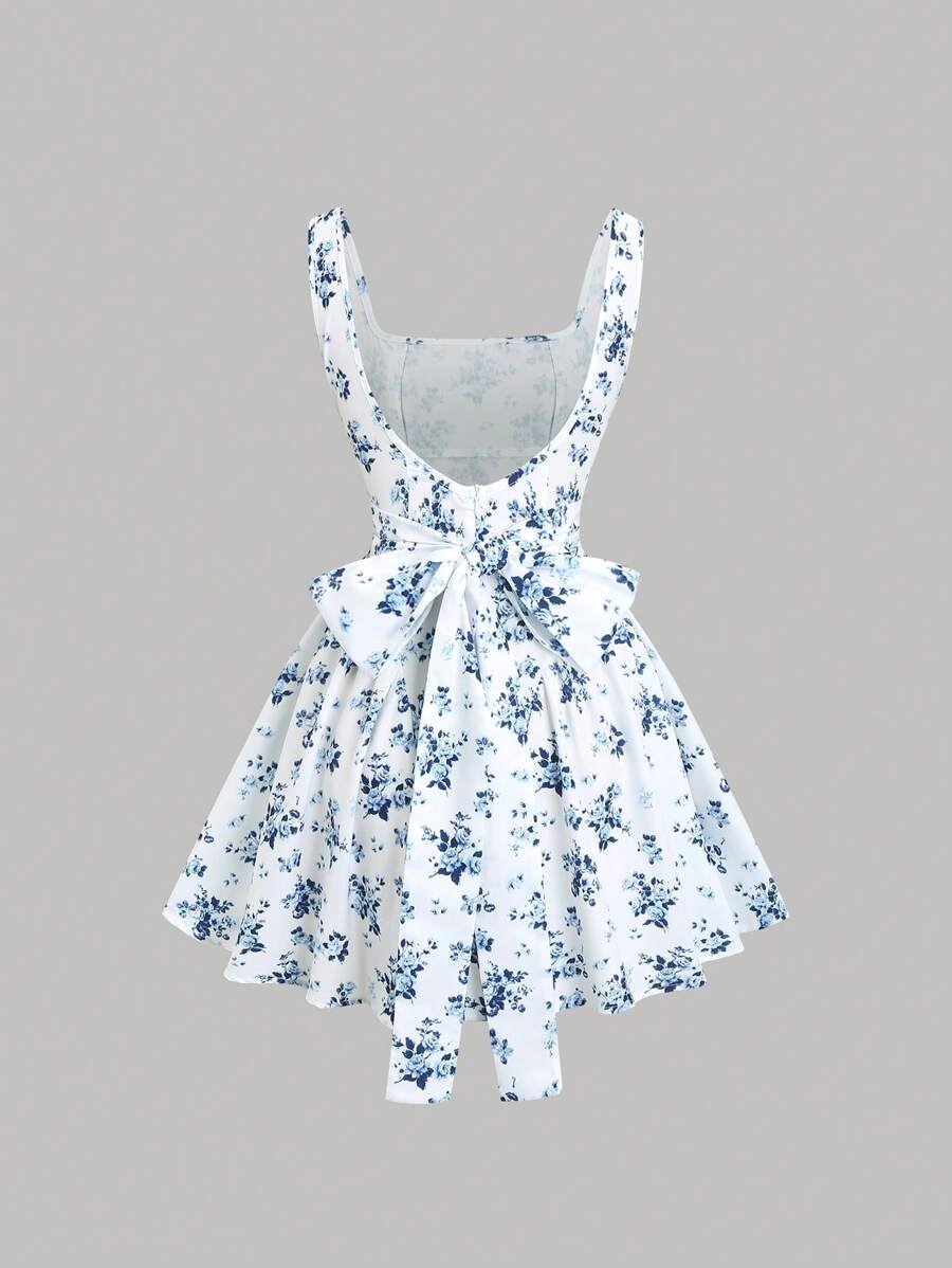 Sweetra 复古单色波尔卡圆点 V 领无袖褶饰性感露背迷你连衣裙，精致印花，美式风格 - 藍白色 - 查看 1