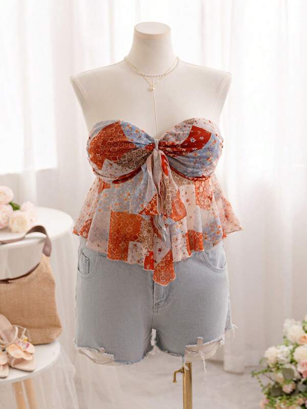 Soleia Plus Size Women Sexy Retro Print Knit Tube Top, Suitable For Vacation, Autumn/Winter