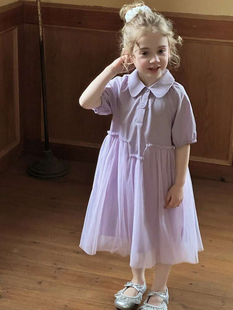 Young Girl Young Girl Polo Collar Short Sleeve Mesh Patchwork Mini Dress, Summer