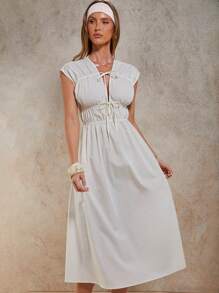 COSMINA Women Solid Color Front Tie Pleated Midi Casual Dress - White - View 5
