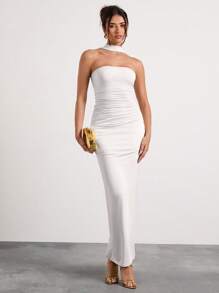 Glamine 米色露肩褶皱挂脖长裙，适合节日派对、嘉年华、约会、生日、情人节等场合，也可作为白色连衣裙穿着。 - 白色 - 查看 5