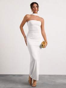 Glamine 米色露肩褶皱挂脖长裙，适合节日派对、嘉年华、约会、生日、情人节等场合，也可作为白色连衣裙穿着。 - 白色 - 查看 6