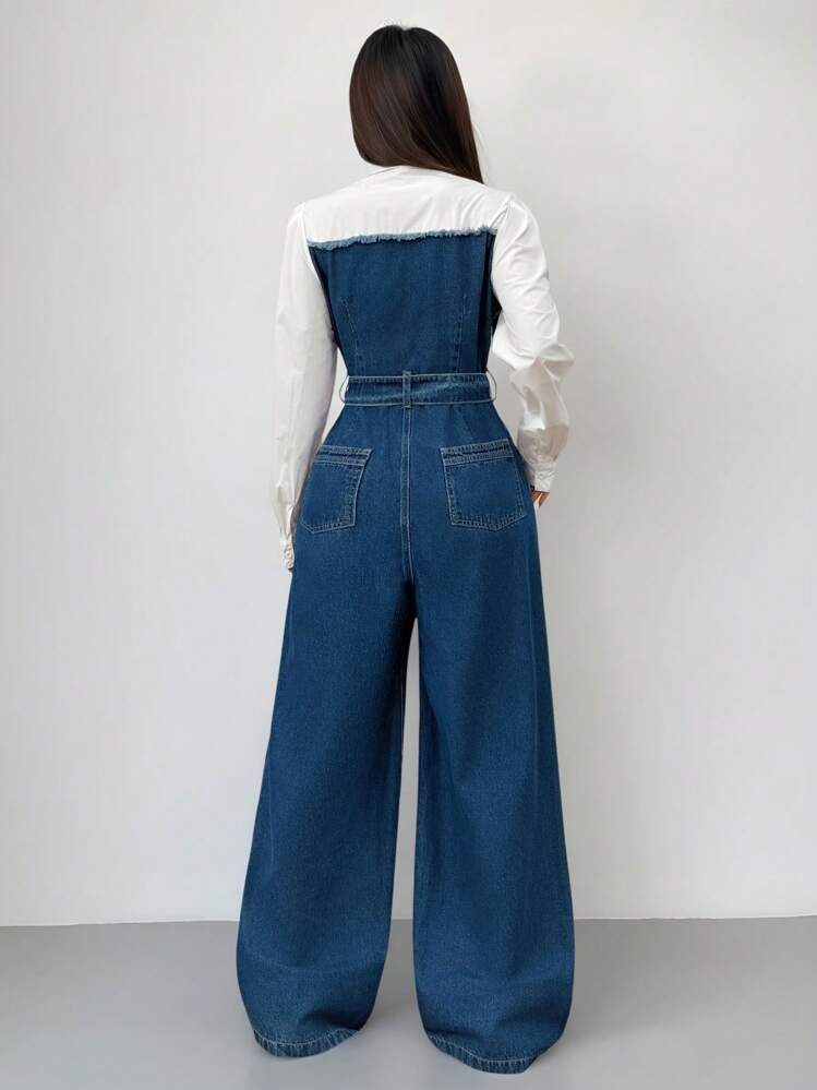 Siren Gaze Women's Blue Jumpsuit 2 In 1 Outfit Comes With Belt Wide Leg Pants Spring And Summer Jumpsuit, Fall Women Clothes Winter Chic Casual - Medium Wash - View 2