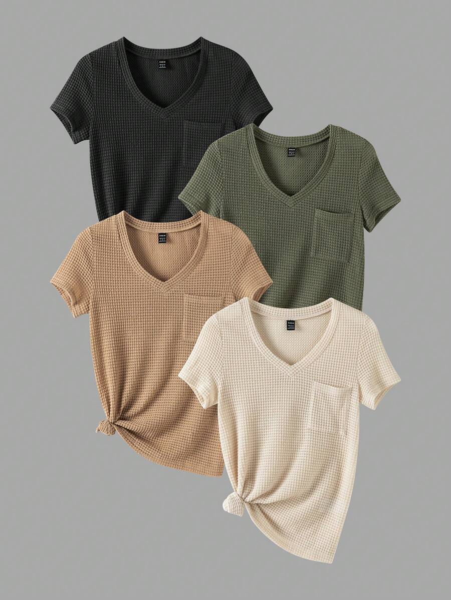 GlowEve Damen V-Ausschnitt Kurzarm Tasche Lässig vielseitiges T-Shirt