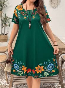 EMERY ROSE Vestido mini de vacaciones con estampado de plantas y manga corta, talla grande para mujeres - Verde - Ver 1