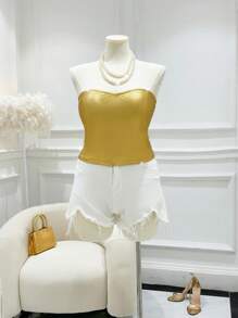 INAWLY Top strapless amarillo de unicolor y elegante para tallas grandes - Dorado - Ver 8