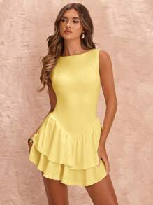 SHEIN BAE Mono de mujer de color blanco sólido, sin mangas, ajustado, con fruncidos, elegante, con doble volante en el bajo, adecuado para el Día de San Valentín, uso diario y ocasiones formales - Amarillo - Ver 3