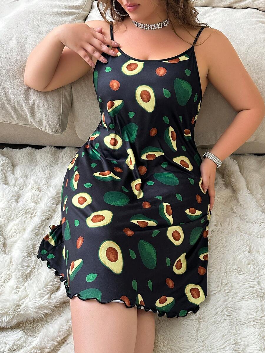 SHEIN Plus Size Avocado Print Sleeveless Nightgown - Black - View 1