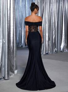 Glamrae Elegante y lujoso vestido negro de hombros descubiertos con bordados, aplicaciones de encaje, acento fruncido y volante de cola de sirena con tejido elástico, adecuado para bodas, cócteles, vacaciones, bailes y eventos formales (diseño elaborado), vestido de fiesta, vestido de noche, para invitados de boda - Negro - Ver 3