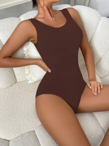 Women's Solid Color Round Neck Buttoned Bodysuit - Coffee Brown - View 4