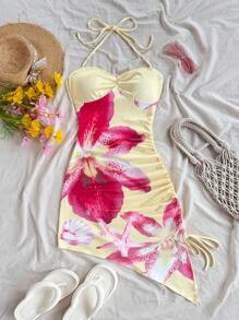 Dreamara 加大码黄色花卉挂脖百褶连衣裙，度假风格 - 彩色 - 查看 5