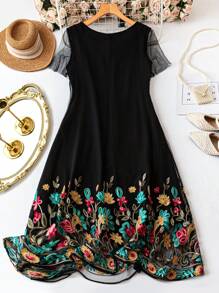 Modelyn Plus Size Women's Floral Embroidery Mesh Elegant Arabic Style Dress - Multicolor - View 2