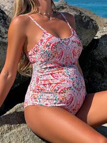 SHEIN Pregnant Women's Paisley Print Backless One-Piece Swimsuit For Summer Beach Vacation