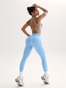 SHEIN Sport Studio Set da donna con canottiera plissettata e leggings a tinta unita, da sport