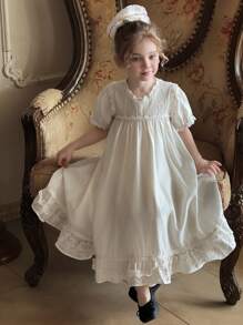 DAZY Young Girl Heavy Lace Patchwork Short Puff Sleeve Solid Color Dress,Girls Summer Outfits - Apricot - View 5
