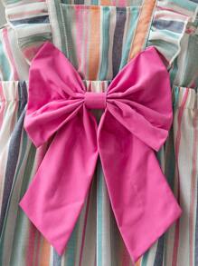 Vestido de verano casual y dulce de estilo princesa para niñas y niñas jóvenes, con cuello cuadrado, mangas cortas, tela a rayas multicolor y gran lazo decorativo en la falda - Multicolor - Ver 8