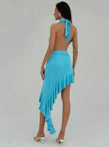 Aloruh Women's Summer Elegant Solid Color Asymmetrical Ruffle Hem Dress - Blue - View 1