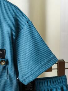 2pcs/Set Boys Letter Graphic Pocket Tee And Shorts Set - Blue - View 6