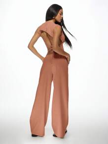 MISSGUIDED Summer Linen Feel Backless Co-Ord Set Wide Leg Palazzo Pants Crop Top Casual Beach Resort Festival Vacation Two Piece Outfit Loungewear Christmas - Red - View 2