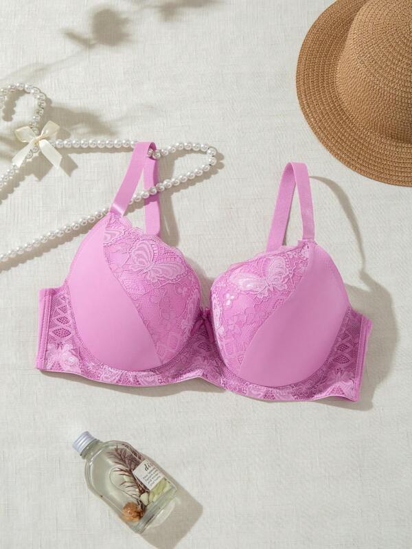 DesireSculpt 1pc Lace Romantic Minimalist Wireless Bra With Side Support, Plus Size