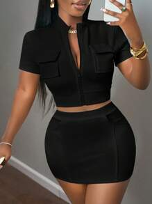 Slaydiva 新款春夏休闲街头简约小立领立体口袋装饰宽肩短袖拉链上衣+包臀迷你超短裙白坑罗纹女两件套-B - 黑色 - 查看 6